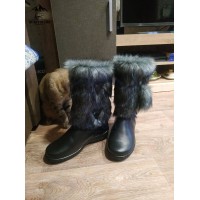 Унты женские натуральные чернобурка кожаные, литая подошва