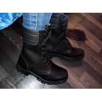 Берцы зимние натуральные черные кожаные с мехом армейские, литая подошва