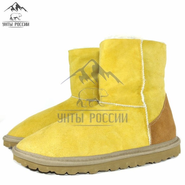 Угги из натуральной дублёной овчины желтые с коричневой пяткой (арт. 20001)