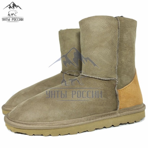 Угги из натуральной дублёной овчины хаки с коричневой пяткой (арт. 20009)