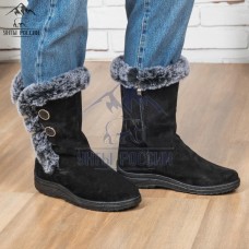Сапоги женские натуральные короткие черные с опушкой с замком, литая подошва