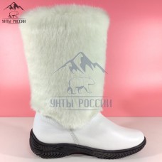 Унты женские натуральные белые кожаные с бубенчиками, литая черная подошва